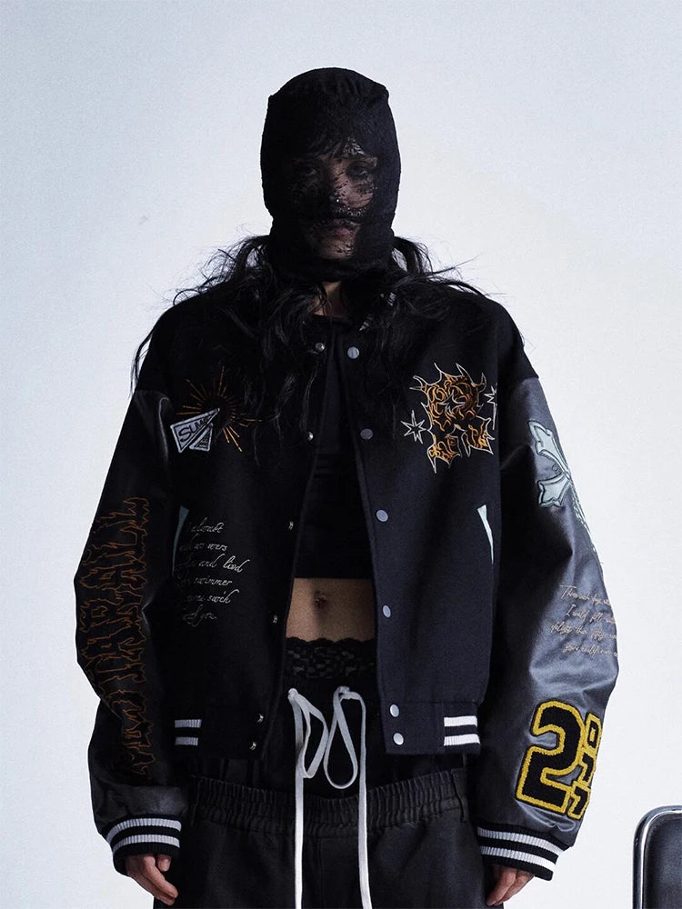 Women American Vintage Embroidered Baseball Jacket Faux Leather Sleeve Patchwork Bomber Coat Autumn Casual Streetwear Outerwear