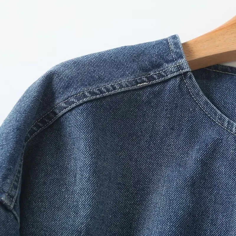 Maxdutti Fashionable Women's Retro Denim Jacket Coat Women Minimalism Denim Bomber Round Neck Jacket