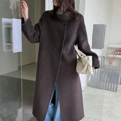 Ladies' 100% wool coat, high-end slimming stand up collar, double breasted loose long woolen coat, autumn and winter bestseller