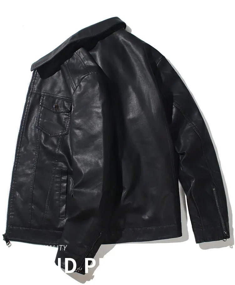 Autumn and Winter Classic Men's Leather Jacket Lapel Fashion Trend Locomotive Clothes Fleece Thermal Jacket Men