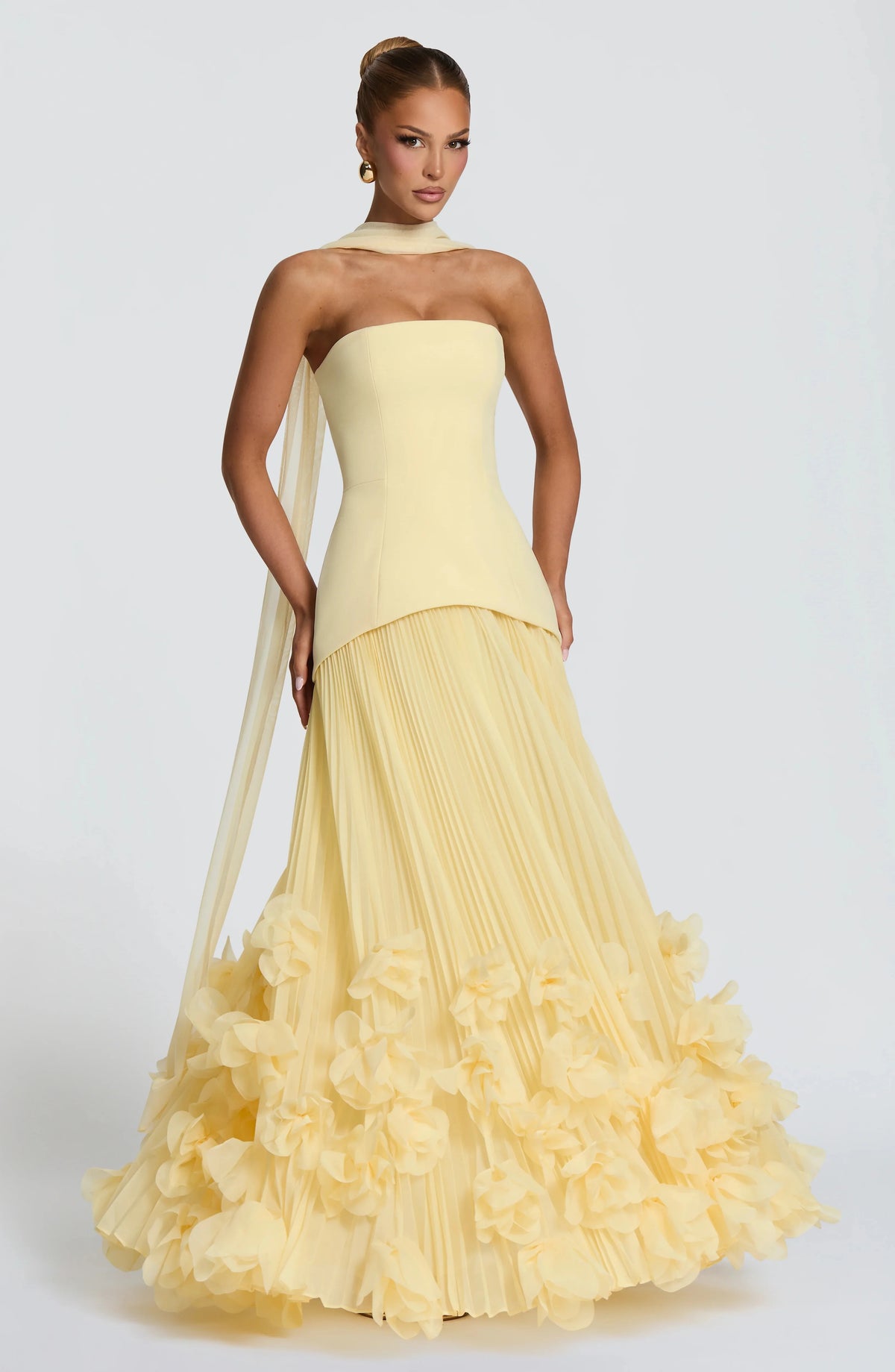 Sexy Lemon Strapless Corset Maxi Gown Sleeveless Corset Pleated Chiffon 3d Floral Hem Flowy Skirt Formal Evening Party Wear
