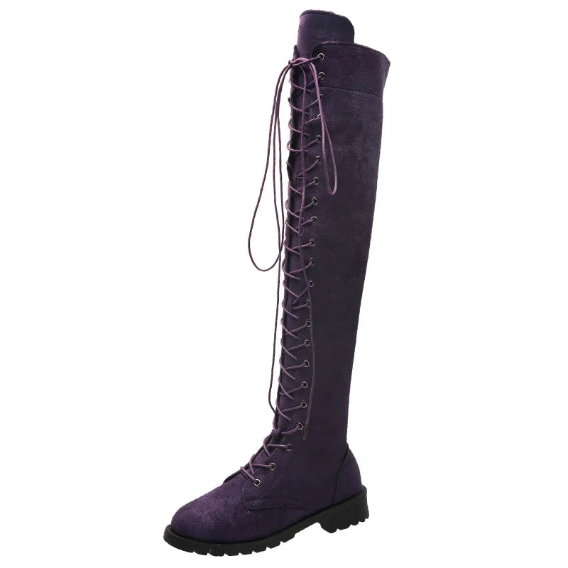Side Zipper Lace-up Women's Long Botas Brown Black Suede Mid Heel Over-the-Knee Boots for Women Ladies Thigh High Boots Size 43