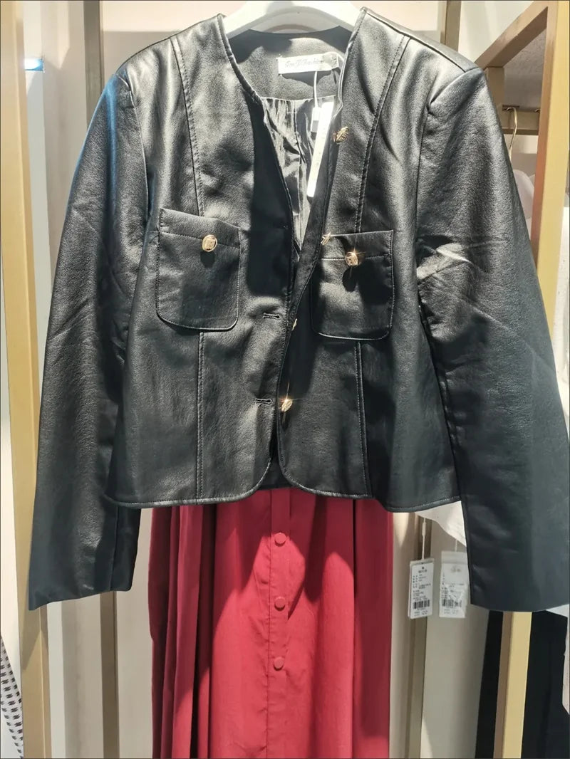 Small Fragrance Leather Jacket Women's Spring Autumn 2026New PU Leather Coat Lady Short High Sense Outerwear Popular Female Tops