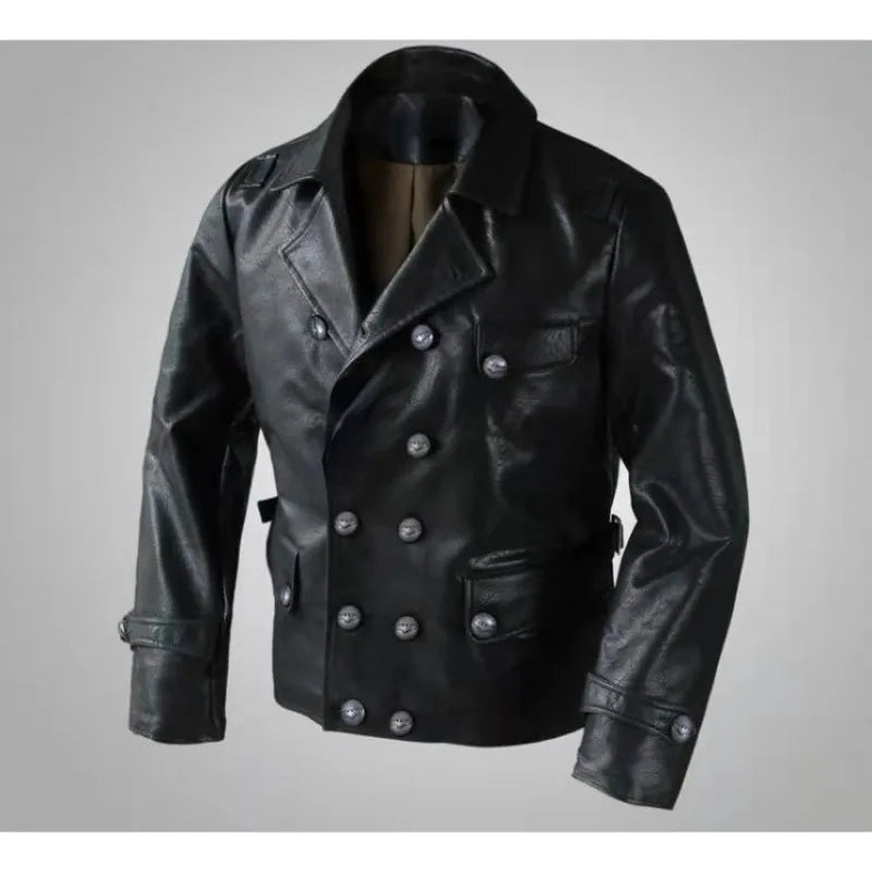 Mens English Gothic Black Leather Trench Coat Military Officer Classic