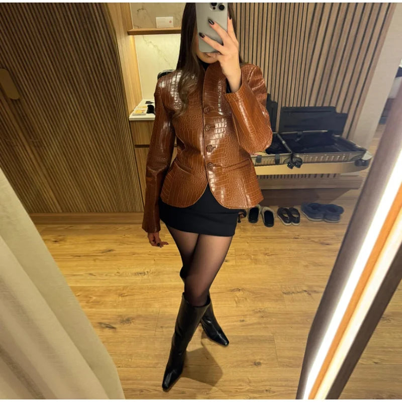 Street Fitted Leather Jackets Women Shoulder Pad Single Breasted Long Sleeves Pu Coats Female 2026 Autumn New Chic Outwears Lady
