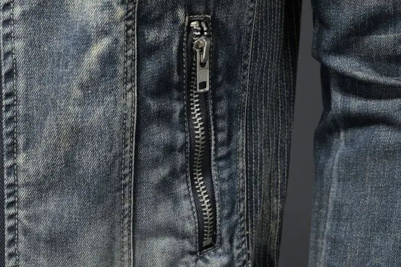 Men's Retro Denim Jacket Casual Oversized Stand Up Collar Zippered Jacket Cycling Motorcycle Coat Trend Loose Fit Top