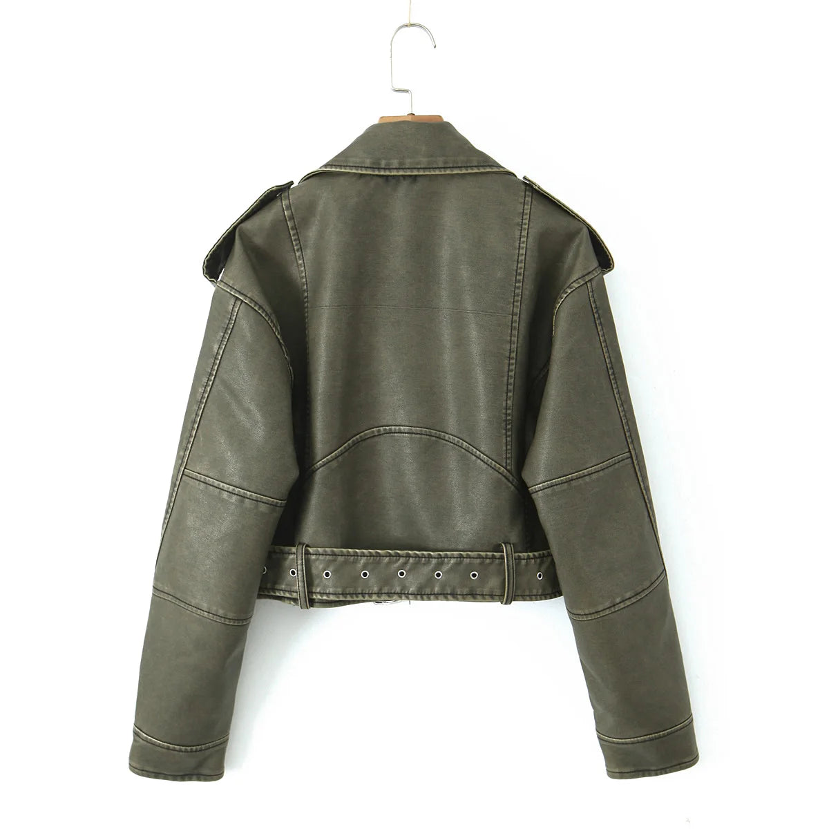 Women Autumn Winter Loose Gray PU Faux Leather Short Jackets Belt Female High Street Zipper Retro Moto Biker Coats Outwear XS-XL