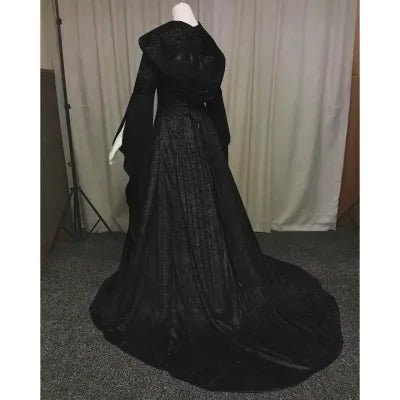 Women Deluxe Witch Dress Medieval Renaissance Maxi Train Dress Halloween Devil Pagan Witch Wedding Cos Costume Hooded Gown Robe