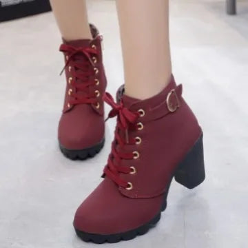 Boots Women Shoes Women Fashion High Heel Lace Up Ankle Boots Ladies Buckle Platform Artificial Leather Shoes Bota Feminina 2024