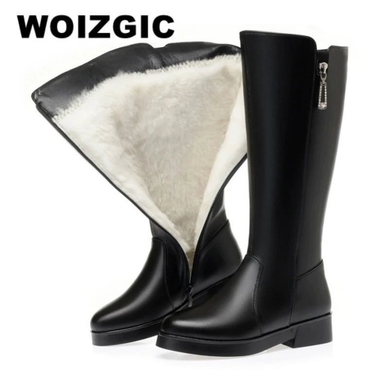 WOIZGIC Mother Female Women's Ladies Zipper Winter Genuine Leather Mid Calf Boots Shoes Plush Wool Warm Fur Snow Waterproof