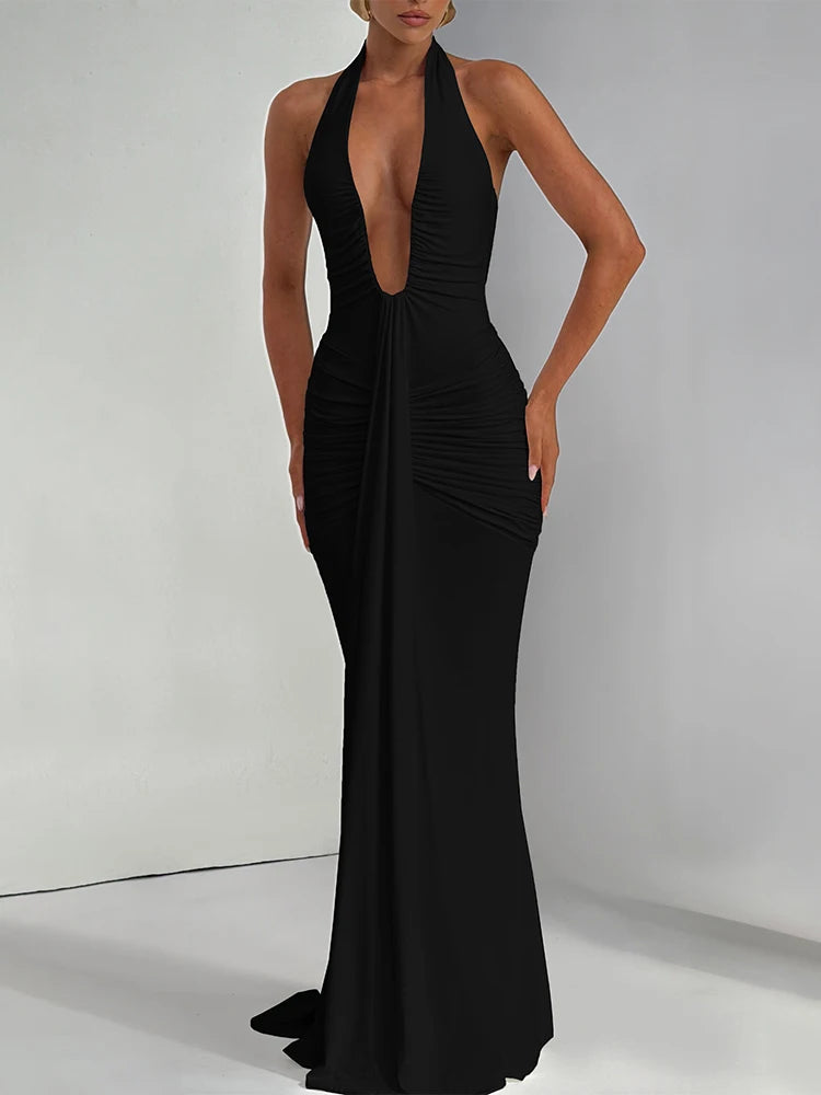 Weird Puss Backless Tassel Dress Women Peach Buttock Pleated Patchwork Solid Halter Sleeveless Midnight Clubwear Party Vestidos