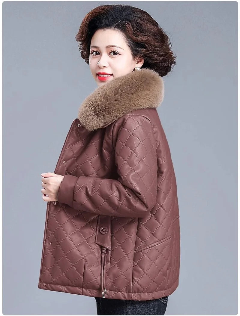 High End Middle Aged Women's Leather Jacket Winter New Thicken Warm Big Fur Collar Faux PU Leather Coat Female Outerwear 5XL