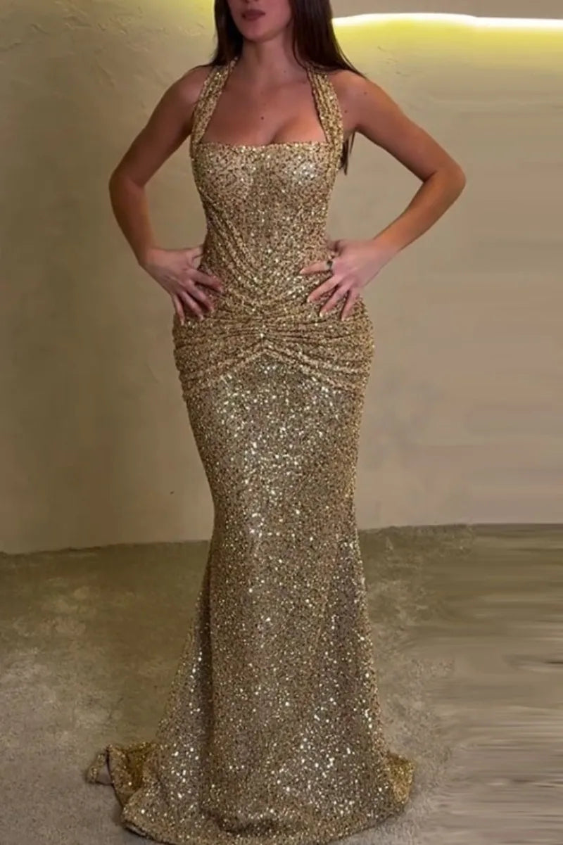 New Women Dress Halter Neck Spring and Summer Sequin Neck Hanging Fashionable Dress Party Casual Dress Evening Sequin Dresses