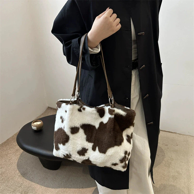 Cow Pattern Plush Shoulder Bag for Women Winter Fashion Purse Handbags Soft Warm Fur Female Casual Messenger Bags