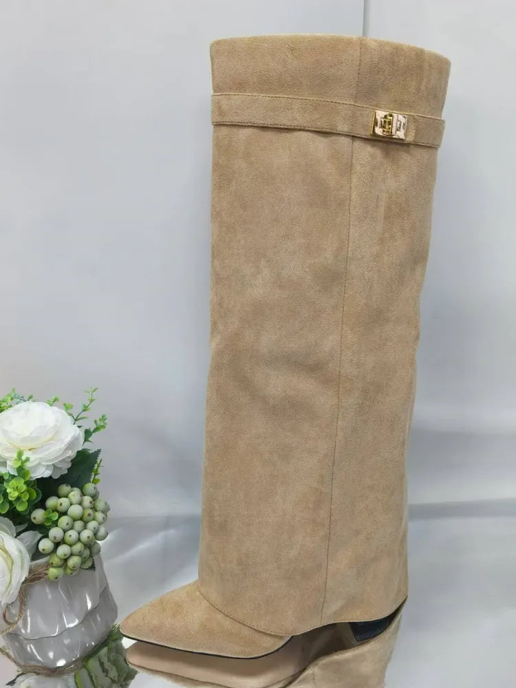 Autumn and Winter New Pointed Metal Buckle Knee High Women's Boots, Thick High-heeled Pants Boots, Fashionable Mid Leg Boots