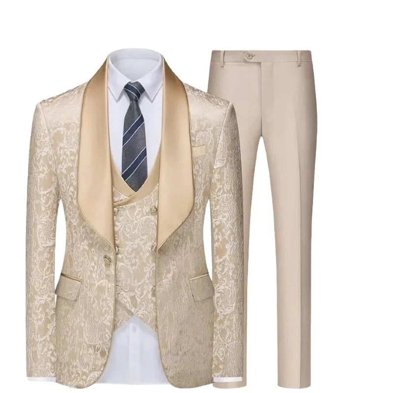 Champagne Jacquard 3 Piece Men's Formal Tuxedo Slim Fit Shawl Lapel Blazer Set for Wedding Groom Best Man Suits for Party Prom