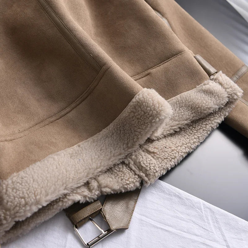 Winter Women Thick Warm Suede Lamb Jacket Short Motorcycle Brown Coats Faux Shearling Sheepskin Leather Jackets Outwear