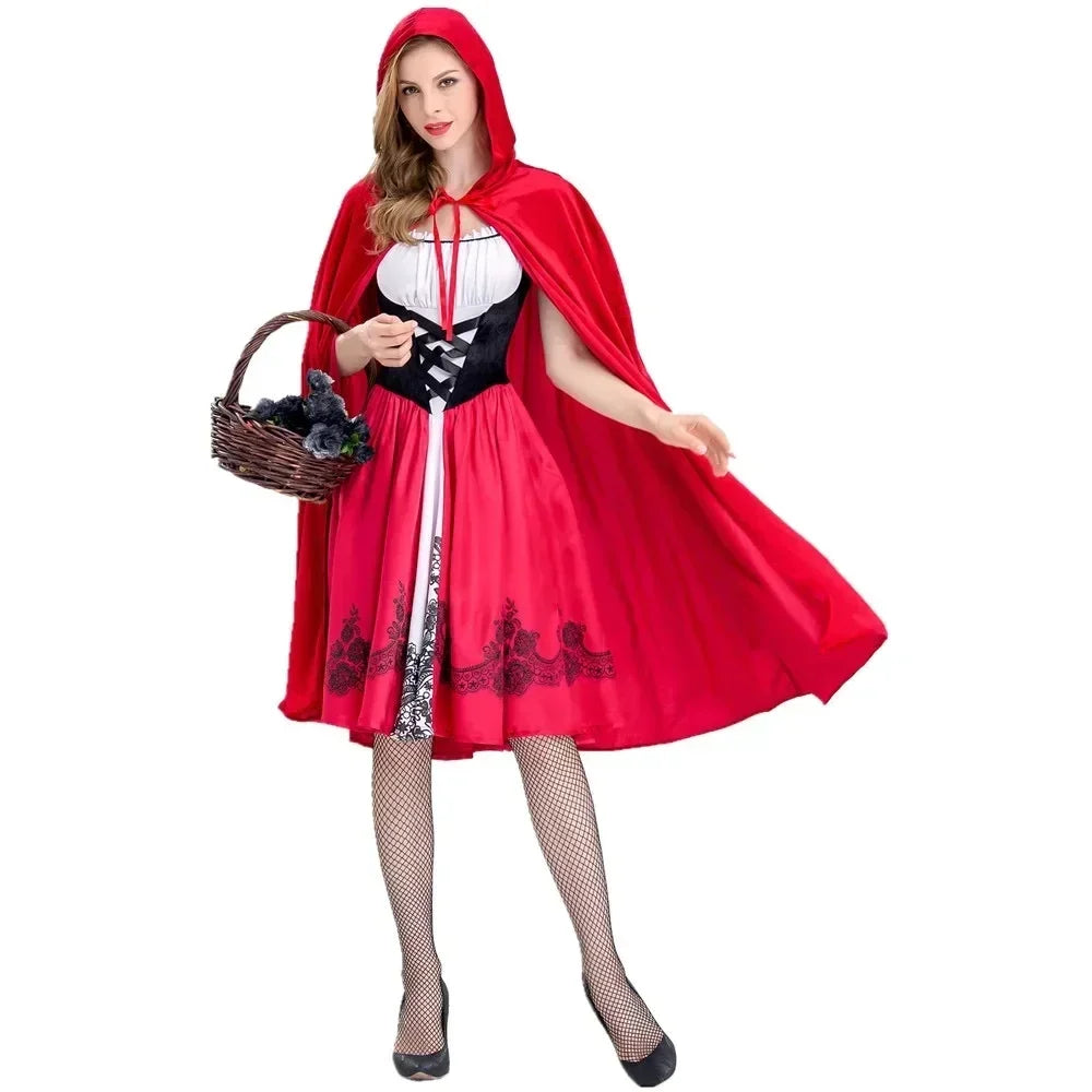 Little Red Riding Hood Adault Cosplay Costume Halloween Wicca Cloak For Woman Carnival Party Queen Dress
