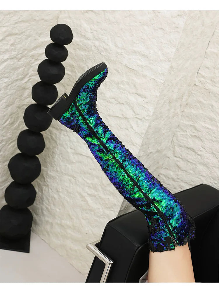 Lowheel Boots For Women Autumn Winter Thick Heels Over-knee-high Boots Shiny Sequined Club Dance Shoes Lace Up Thigh High Boots