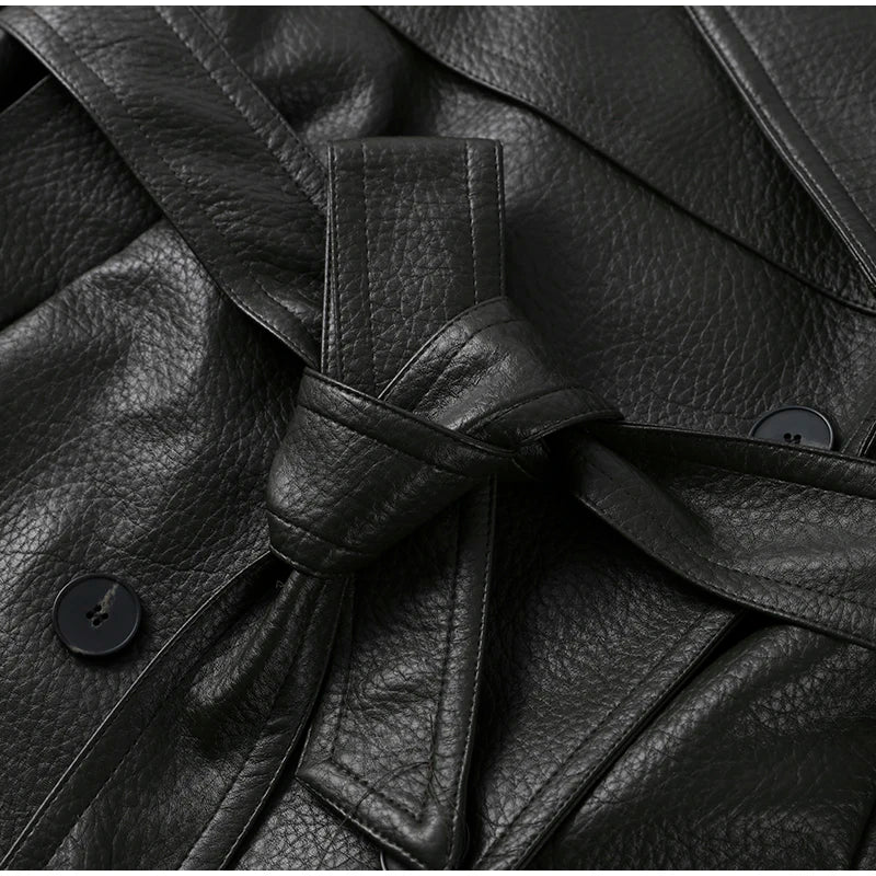 Double Breasted Lace up Long Leather Coat Woman Long Sleeves Loose Solid Color Casual Jackets Street Women's Early Autumn Coats