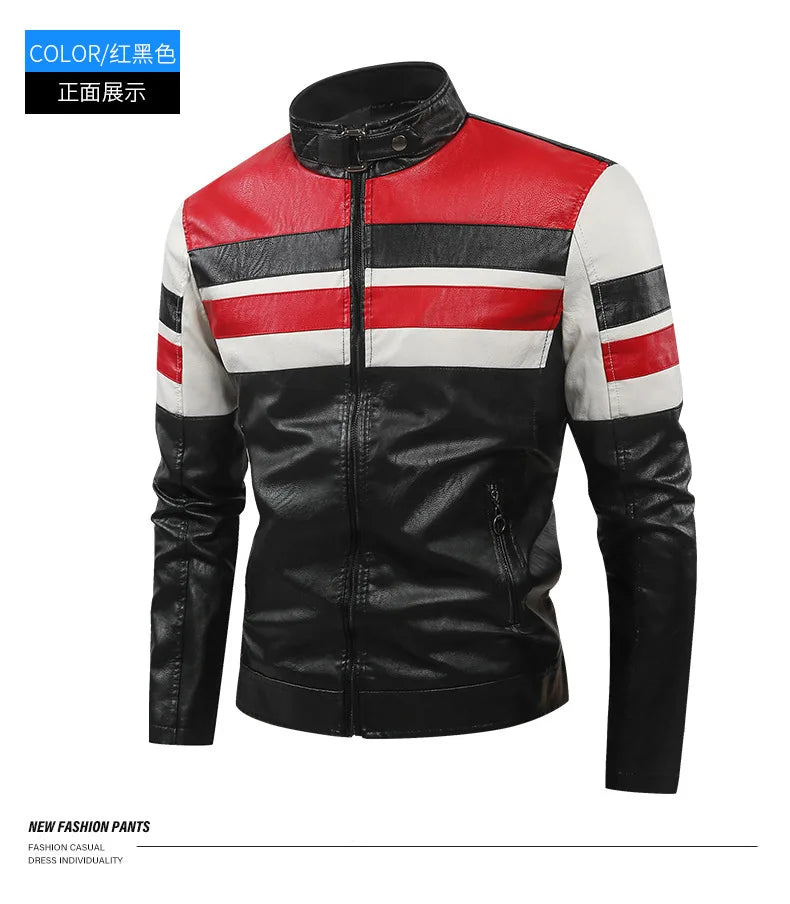 White and Red Patchwork Men's PU Jacket, Stylish Vintage Biker Faux Leather Coat, Available in Black or Brown.