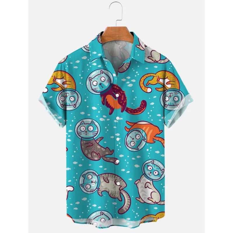 2023 Men's Hawaiian Shirt Cat Printed Short Sleeve Tops Beach Vacation Sunset Harajuku Men's Clothing Casual Unisex Style Shirts