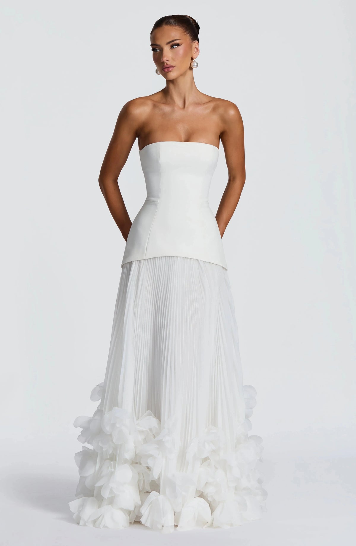 Sexy Lemon Strapless Corset Maxi Gown Sleeveless Corset Pleated Chiffon 3d Floral Hem Flowy Skirt Formal Evening Party Wear