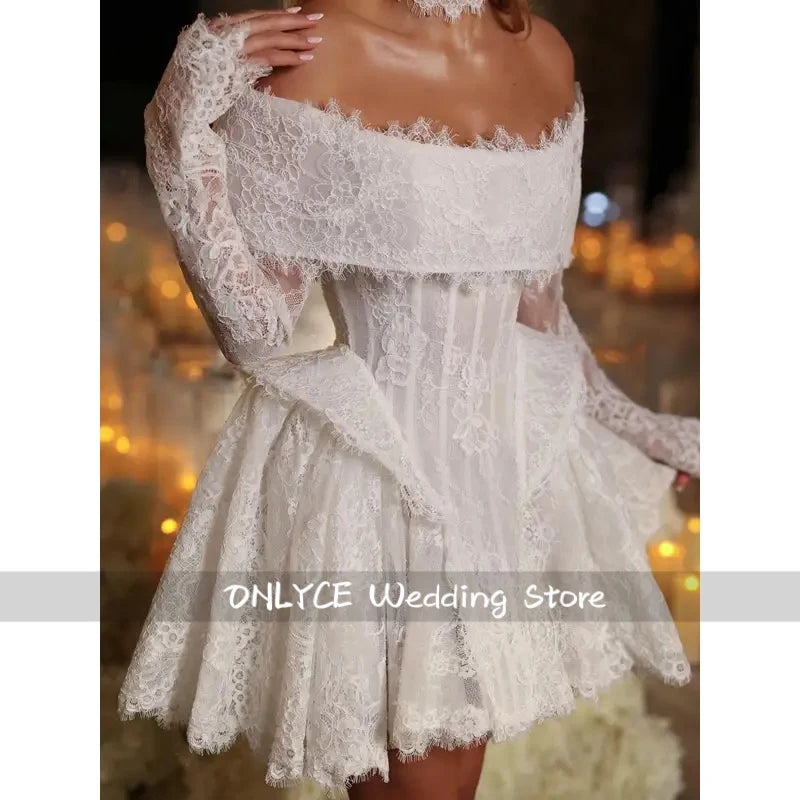 Lace Short Wedding Dresses Long Sleeves Pleated Vestido de Novia Off the Shoulder Corset Bridal Gowns Vestidos Customized