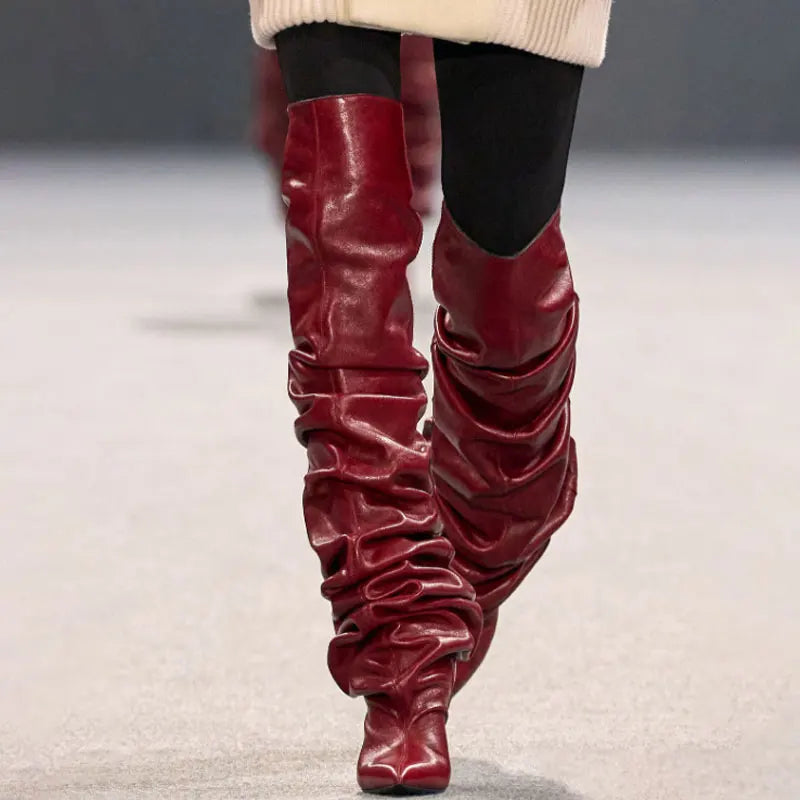 Women's Fashion Pointed Thick Soled Pleated Short Boots, Autumn and Winter Thick Heeled Long Boots, Sexy Runway Women's Boots
