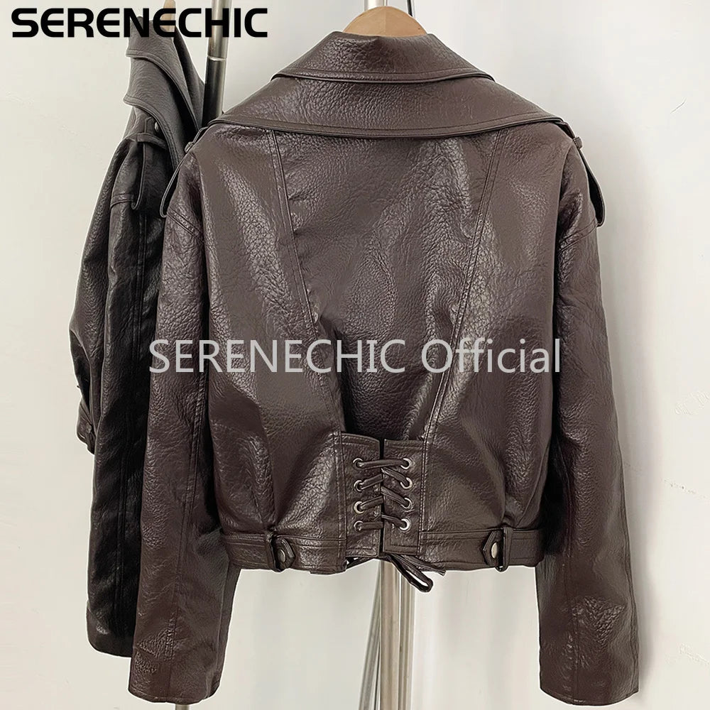 SERENECHIC Women's Black Faux Leather Cropped Moto Jacket Asymmetric Zip PU Biker Coat Female New Autumn Vintage Punk Outerwear