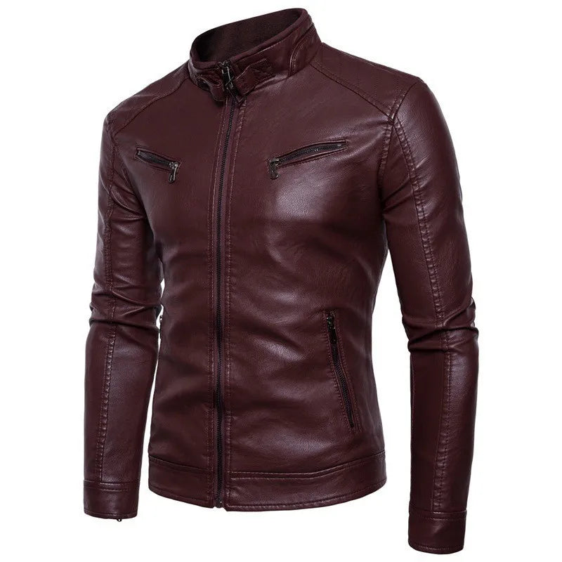 Men's Motorcycle Leather Jacket Autumn Winter Stand Collar Biker Jacket Korean Fashion PU Leather Coat Slim Fit Men's Outerwear