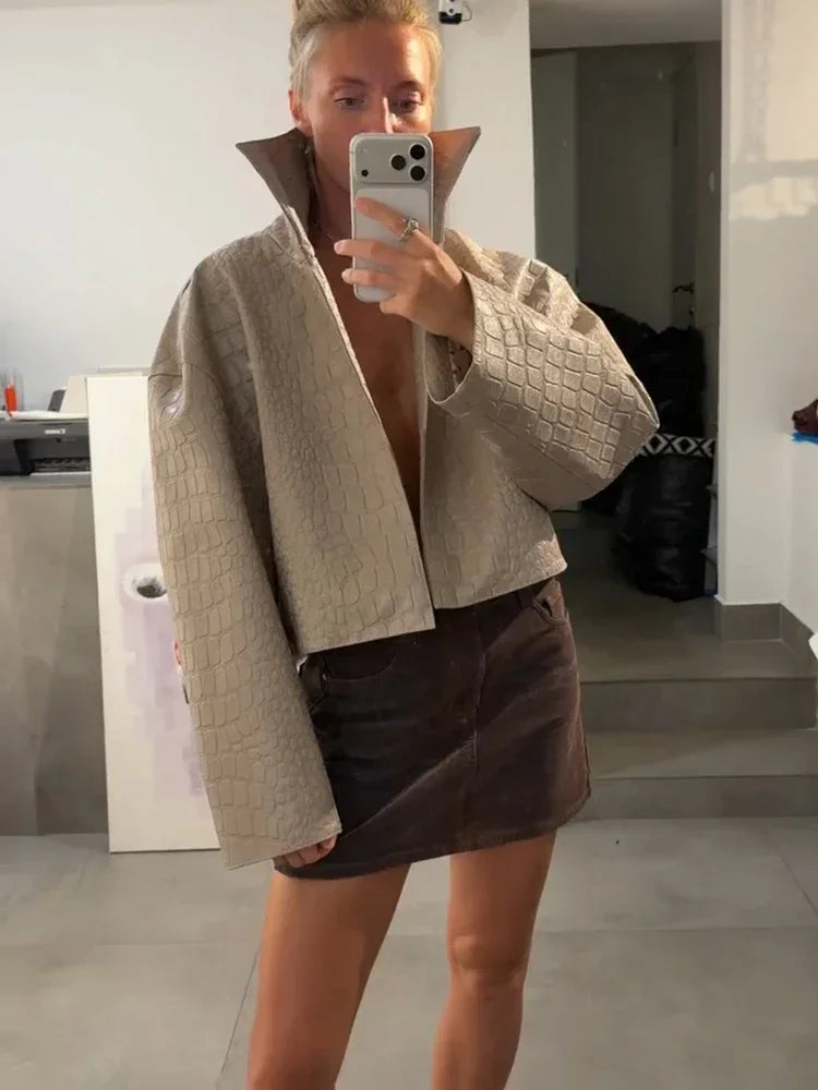 Women Cropped Faux Croc Leather Jacket Loose Solid Fashion Stand Collar Outerwear 2026 Autumn Street Winter Casual Party Coats