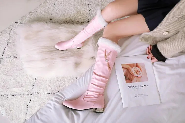 Winter Warm Knee High Boots Women Platform Wedges High Heels Snow Boots Slip on Winter Ladies Shoes White Black Pink 2025