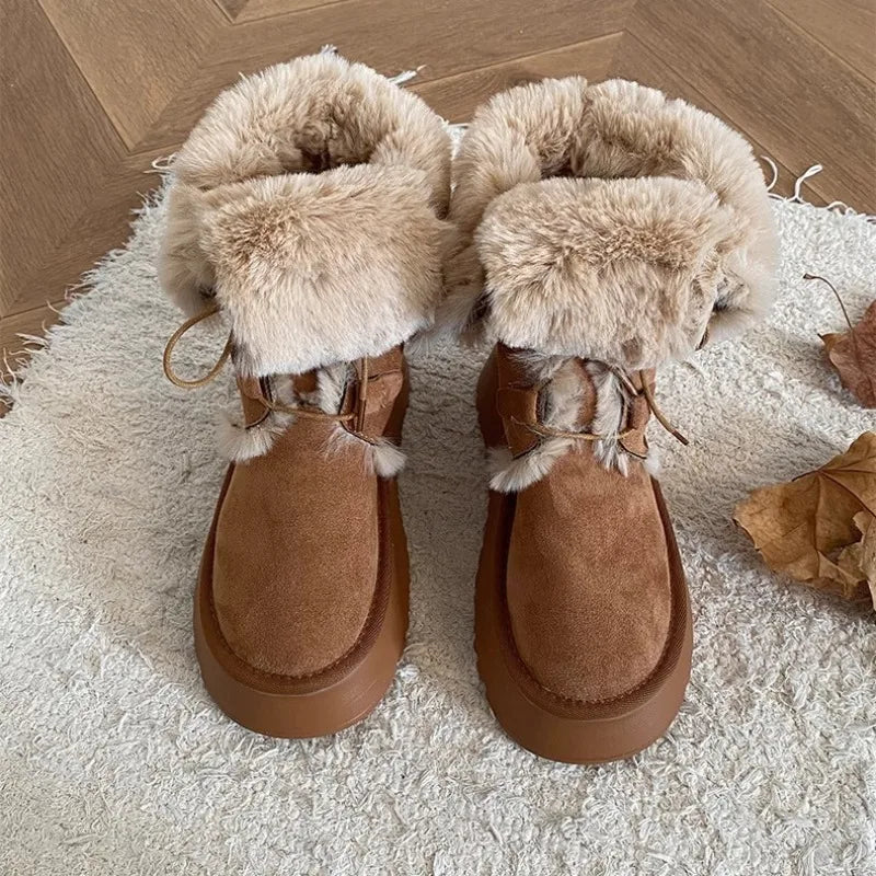 Retro fur integrated warm snow boots for women in winter 2025, new thick soled and plush thick anti slip cotton shoes