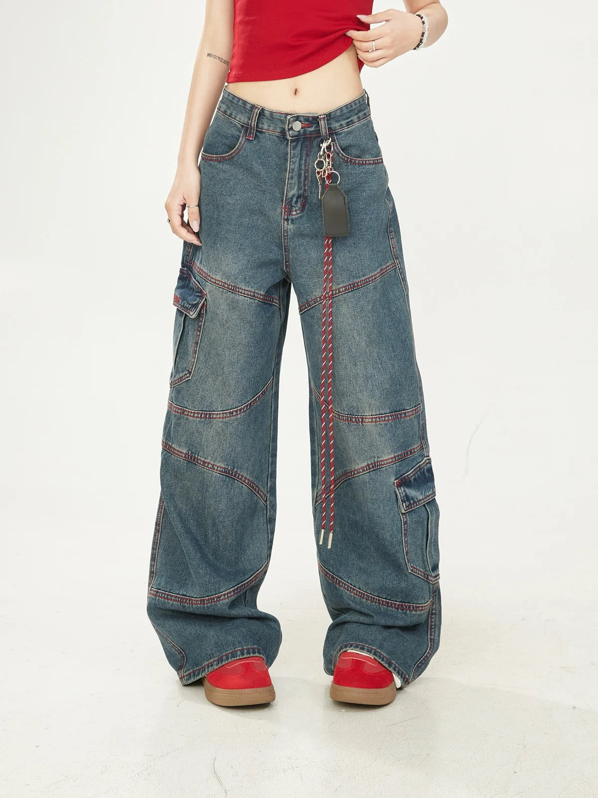 Washed Vintage American High Street Loose Women's Jeans with Patchwork And Stitching Design Casual Wide Leg Workwear Trousers