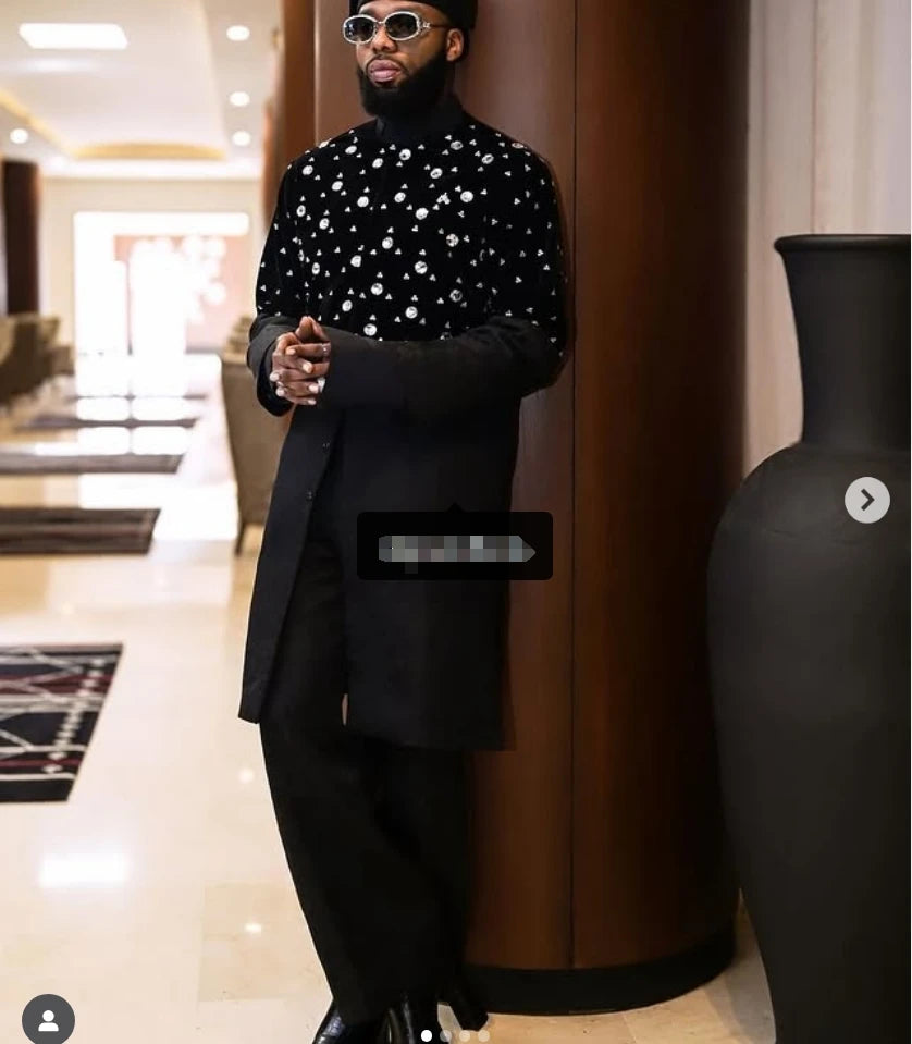 Luxury Black Men Suit Set 2 Piece Long Blazer+Pant Trousers Glitter Crystal Customized Formal Office Jacket Wedding Tuxedos Coat