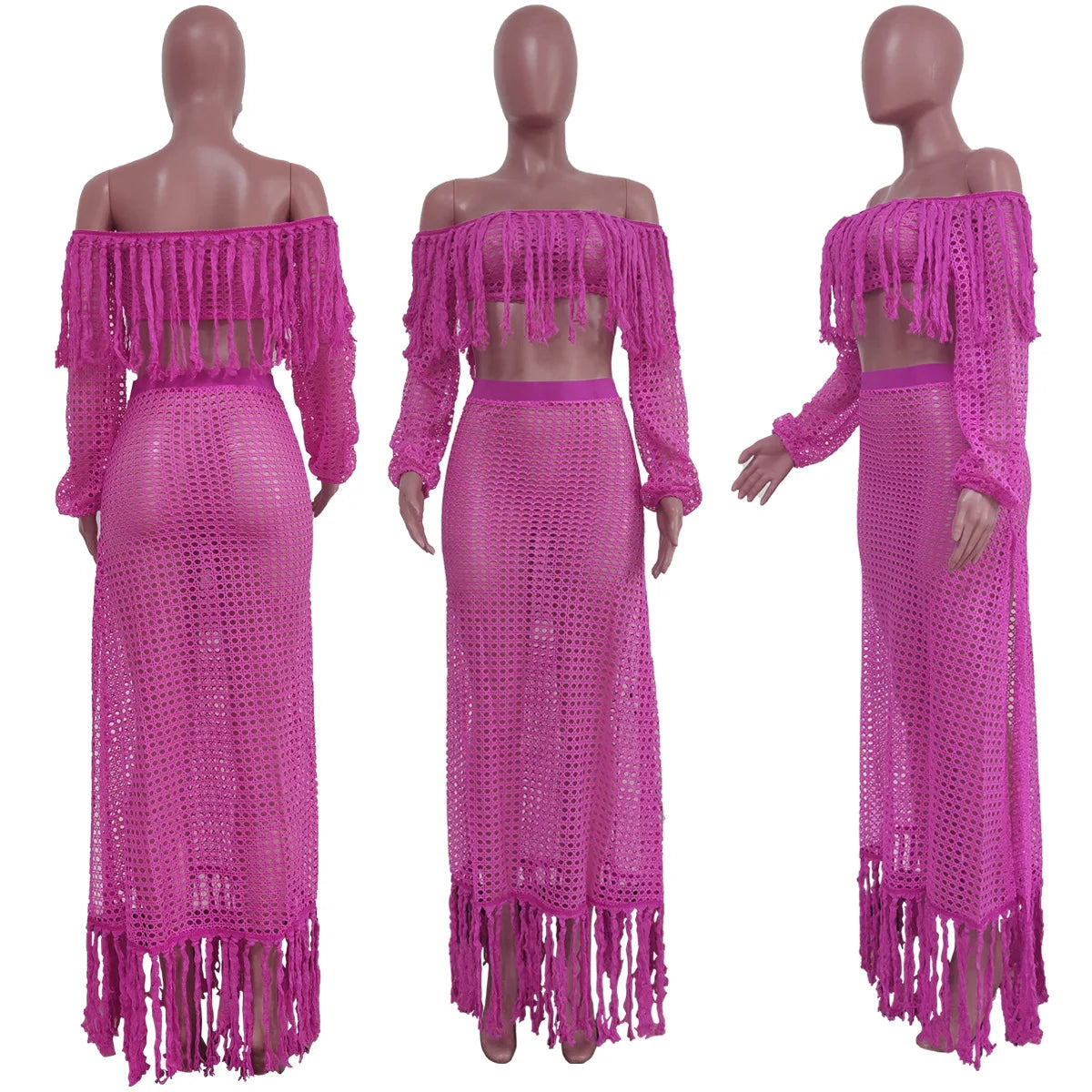 Skirt 2 Piece Set Women Beach Long Skirts Suit Top Off Shoulder Tassels Sexy Hollow Out Ensemble 2025 Summer Female Outfits