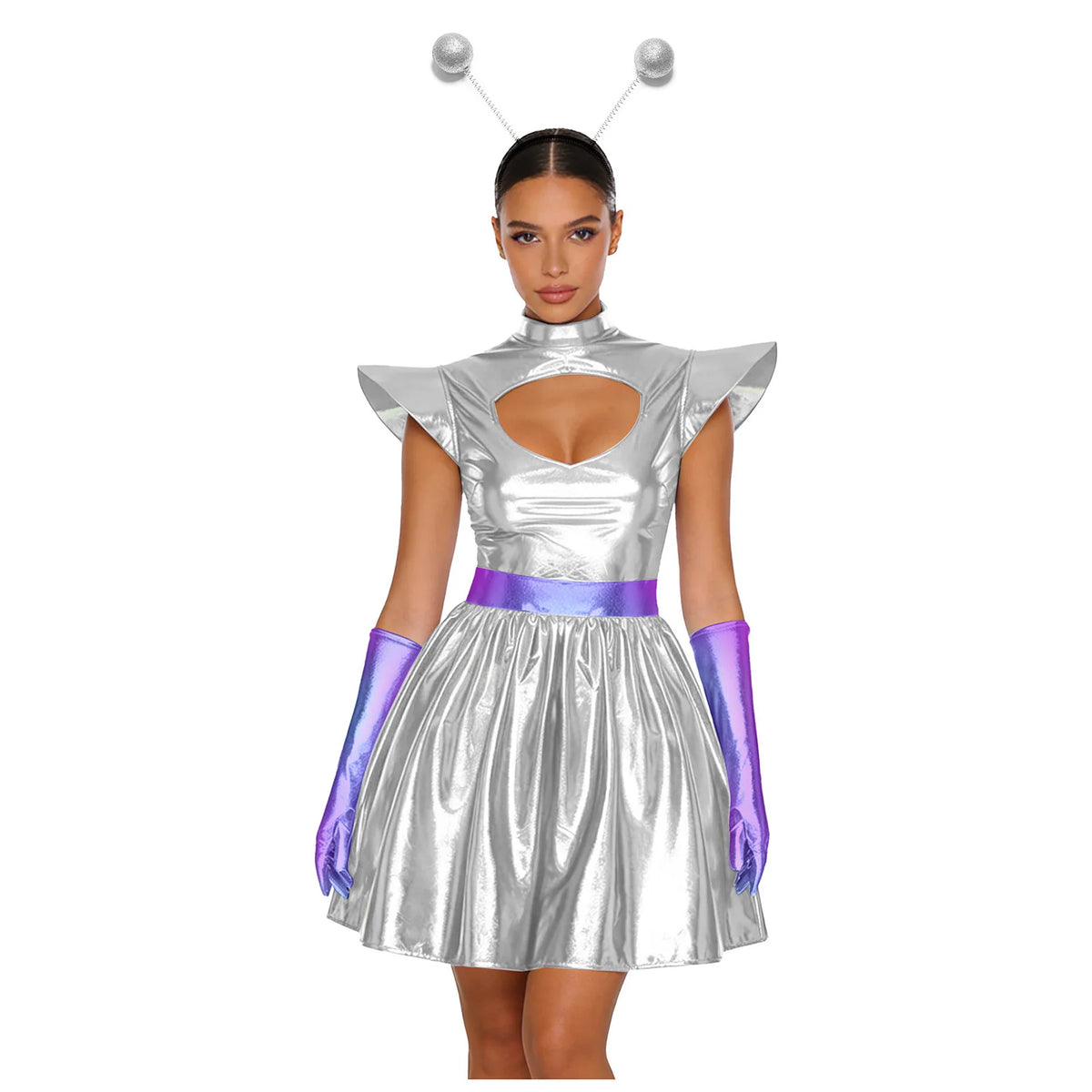 Womens Space Alien Costume Shiny Metallic High Waist A-line Dress with Gloves Astronaut Cosplay Outfits for Halloween Party