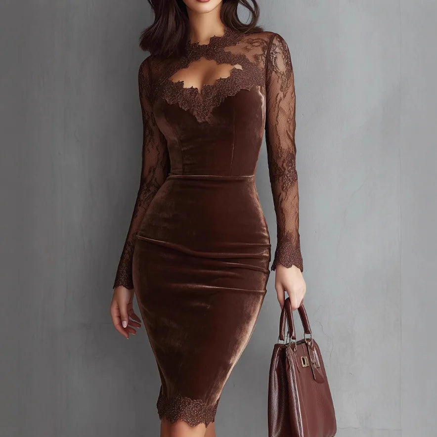Women Velvet Midi Dress Elegant Lace Long Sleeve Hollow Out Bodycon Dress Autumn Winter New Party Evening Formal Pencil Dresses