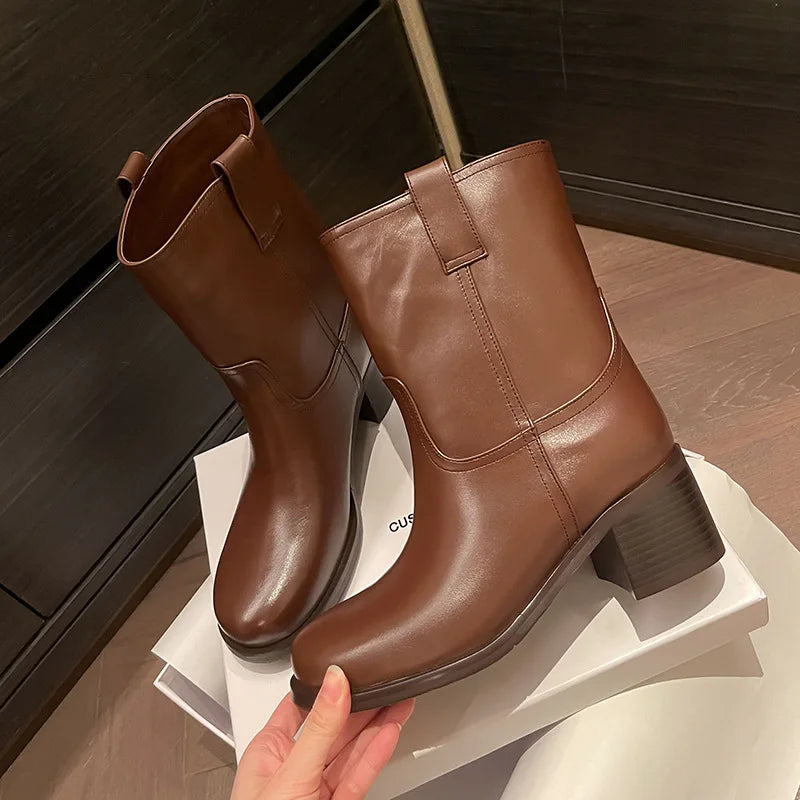 Arden Furtado Autumn Cowhide Knee High Boots Round Toe Pull-On Chunky Heels Riding Boots British Style Large Size Boots