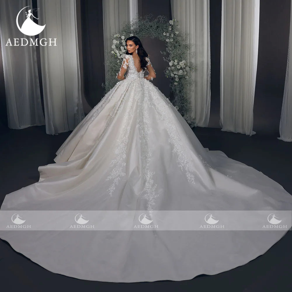 Aedmgh Ball Gown Royal Wedding Dresses For Women Scalloped Vestido De Novia Lace Appliques Matte Satin Custom Made Bridal Gowns