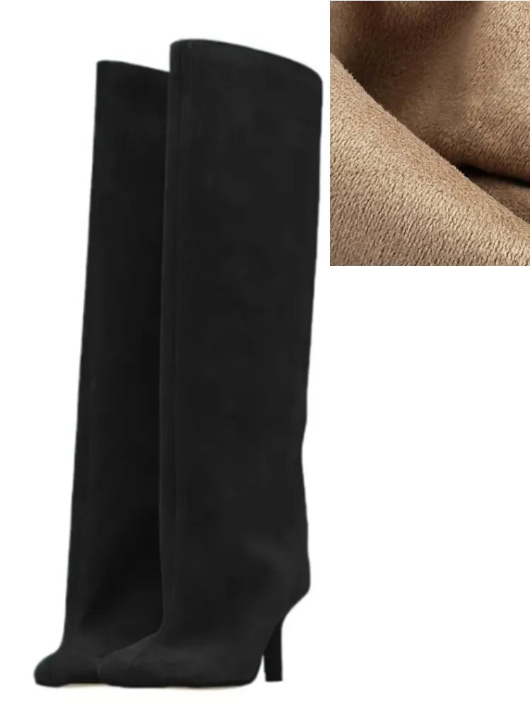 2025Women's Autumn and Winter New Slim Fit High Heels Knee High Boots Fashionable Plus Size Medium Long Boots Knight Boots