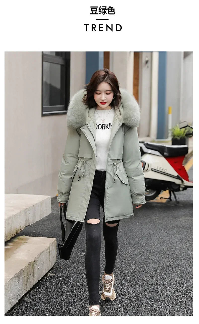 Winter Coat Low Price On Sale Women Beige Add Wool Thick Warmth Fur Hooded Parkas Jacket 2026 New Fashion Belt Slim Cotton Coat