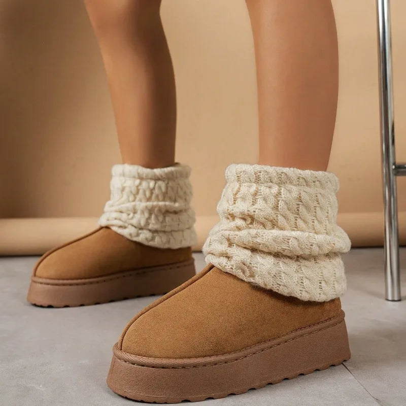Winter Cute Warm Thick-Sole Comfortable Women's Boots Plush Lining Short Tube Slim Skid-Proof Knitted Sock Snow Boots
