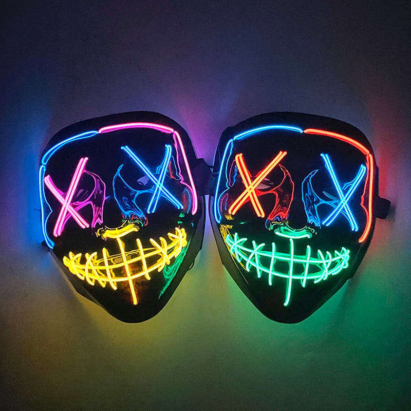 Wireless LED Neon Purge Mask & Fiber Optic Gloves, Scary Glow In Dark Mask for Halloween Carnival Cosplay Bar Birthday Party