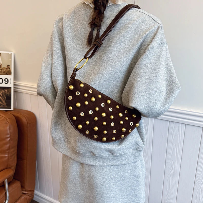 MOODS Branded Half-moon Shoulder Bags For Women Faux Suede Rivets Decor Crossbody Hobo Bags 2025 Latest Designer Handbags Luxury