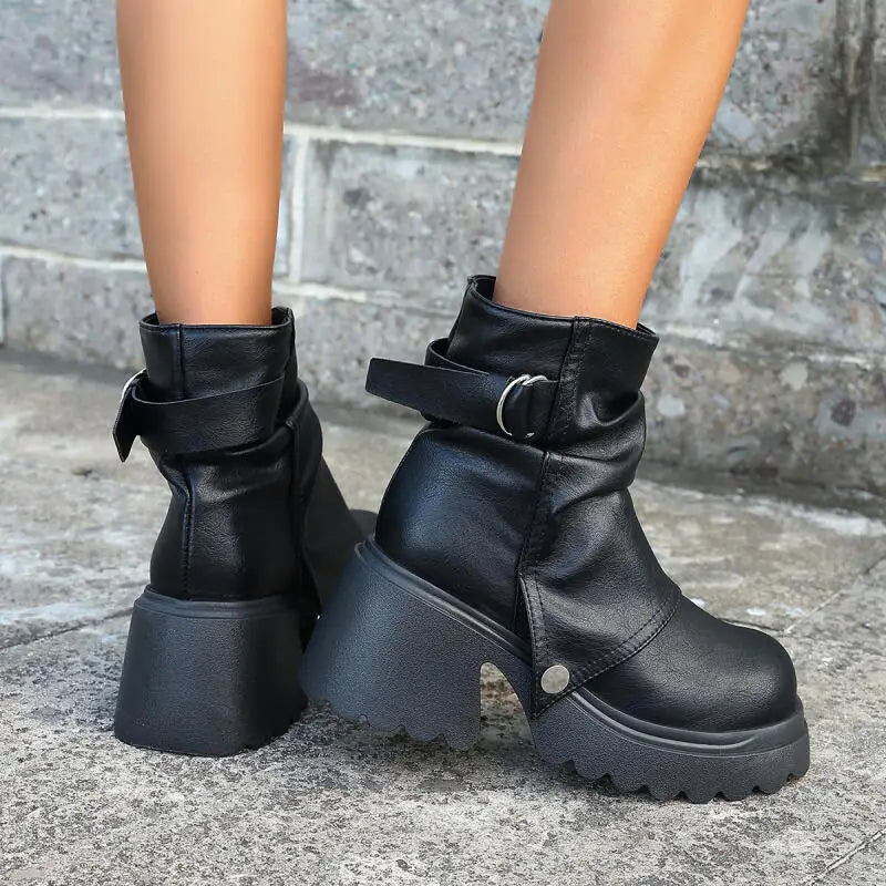 Gothic Chunky Platform Black Ankle Boots Women 2025 Autumn Punk Metal Belt Buckle Thick Bottom Short Boots Woman's Y2K Shoes 43