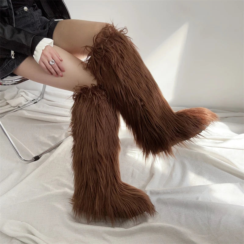 Hot Sale Ins Fashion Long Women Furry Boots Winter Knee Length Keep Warm Ladies Snow Boots