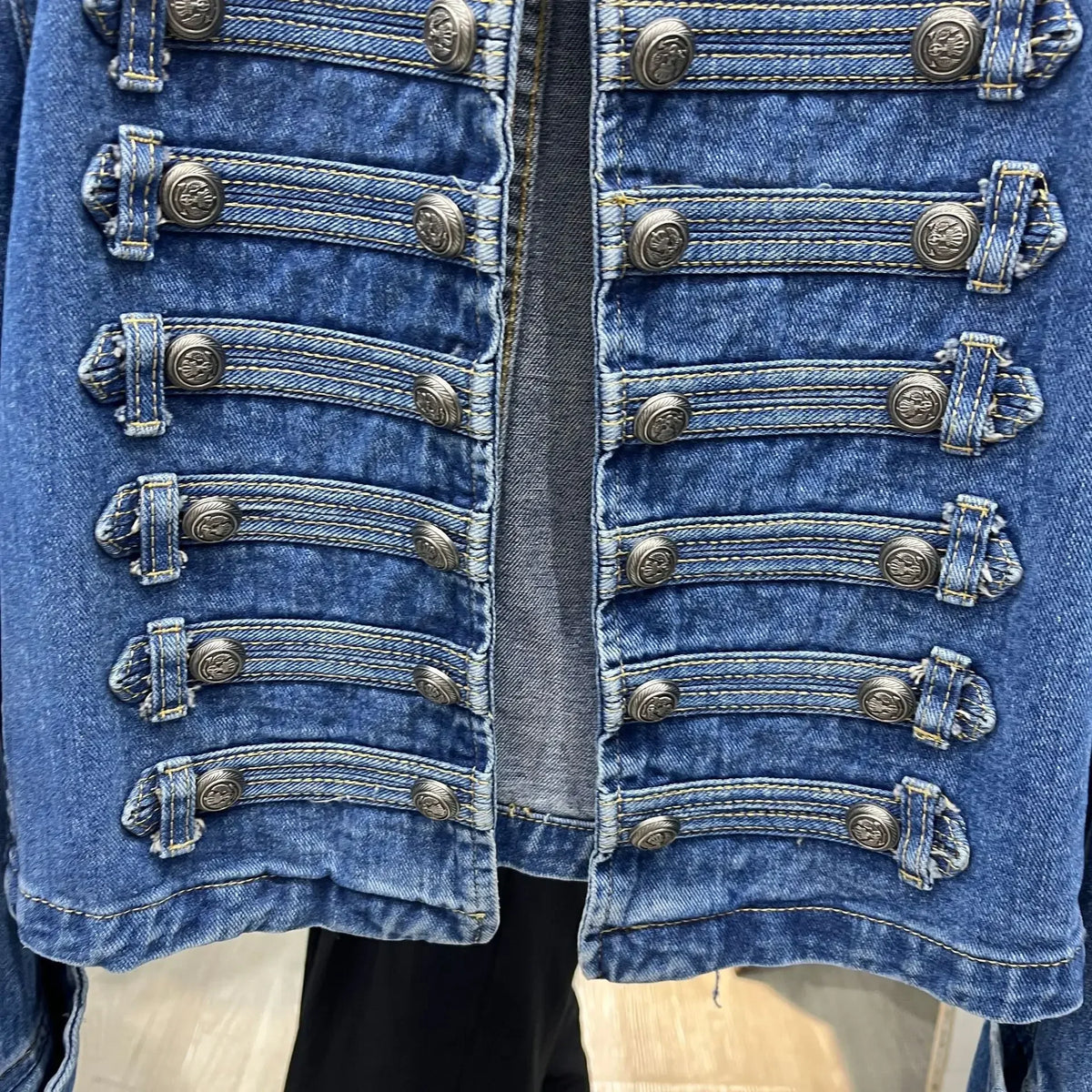 Vintage Denim Military Jacket Women Retro Solid Round Neck Single Breasted Slim Short Jackets 2026 Lady Daily Street Outerwears