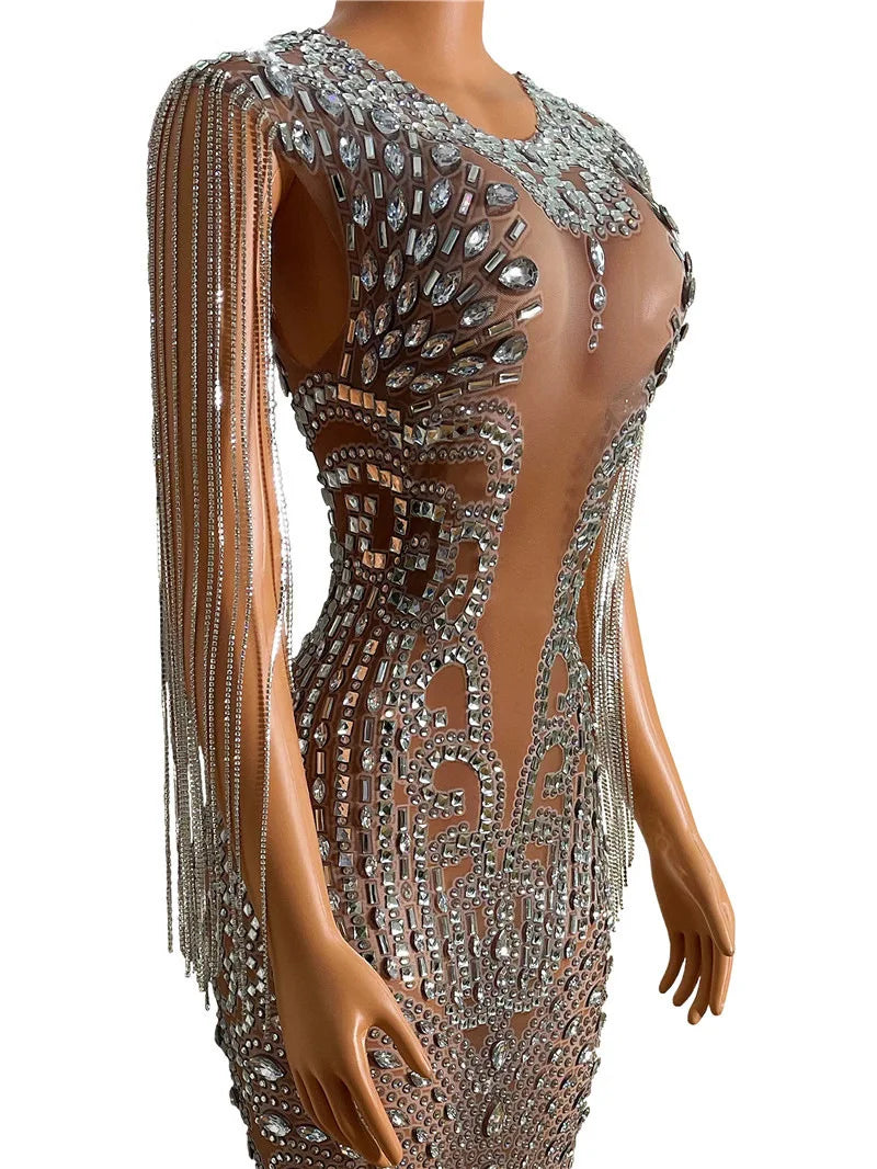 Transparent Long Diamond Dark Brown Party Dress Birthday Luxury Costume Fancy Brilliant Dancer Wedding Dress Impressive Dress